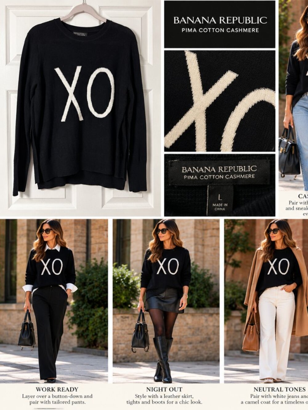 Banana Republic XO Pima Cotton Cashmere Sweater Black White Size L
